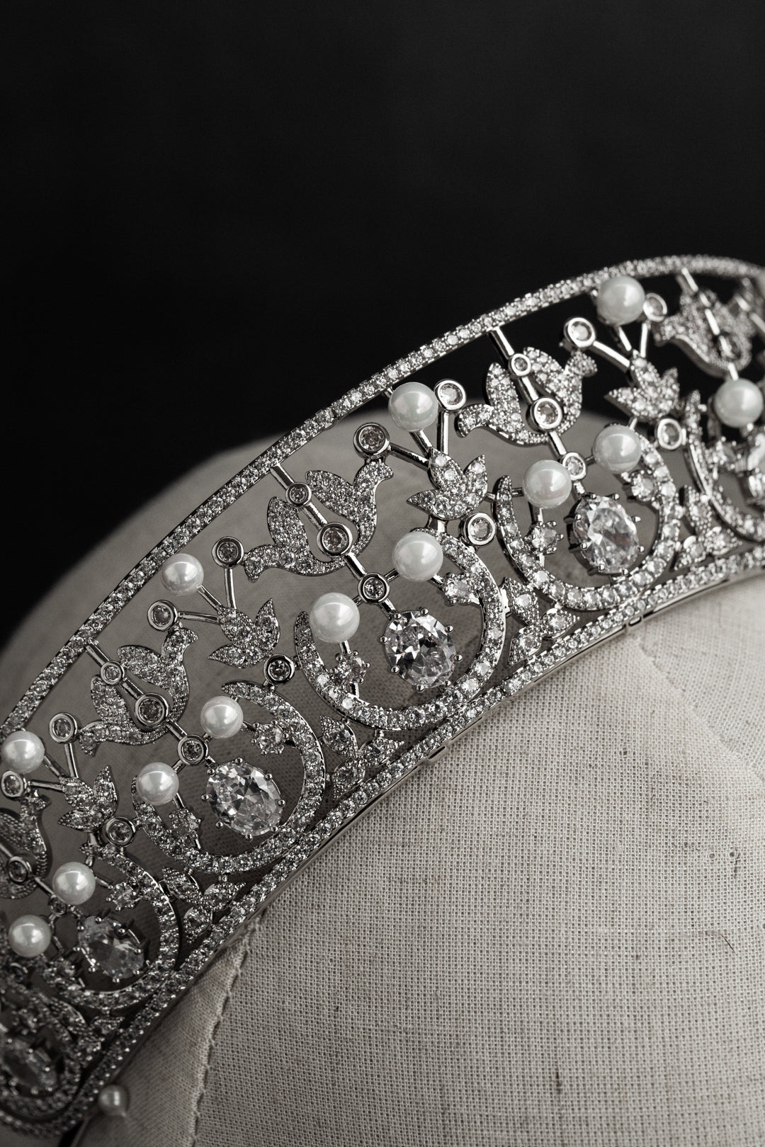 Filigree Tiara with Zircon and Pearls – White Gold Tone for Weddings