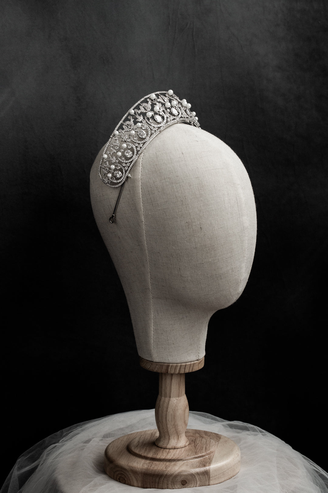 Filigree Tiara with Zircon and Pearls – White Gold Tone for Weddings