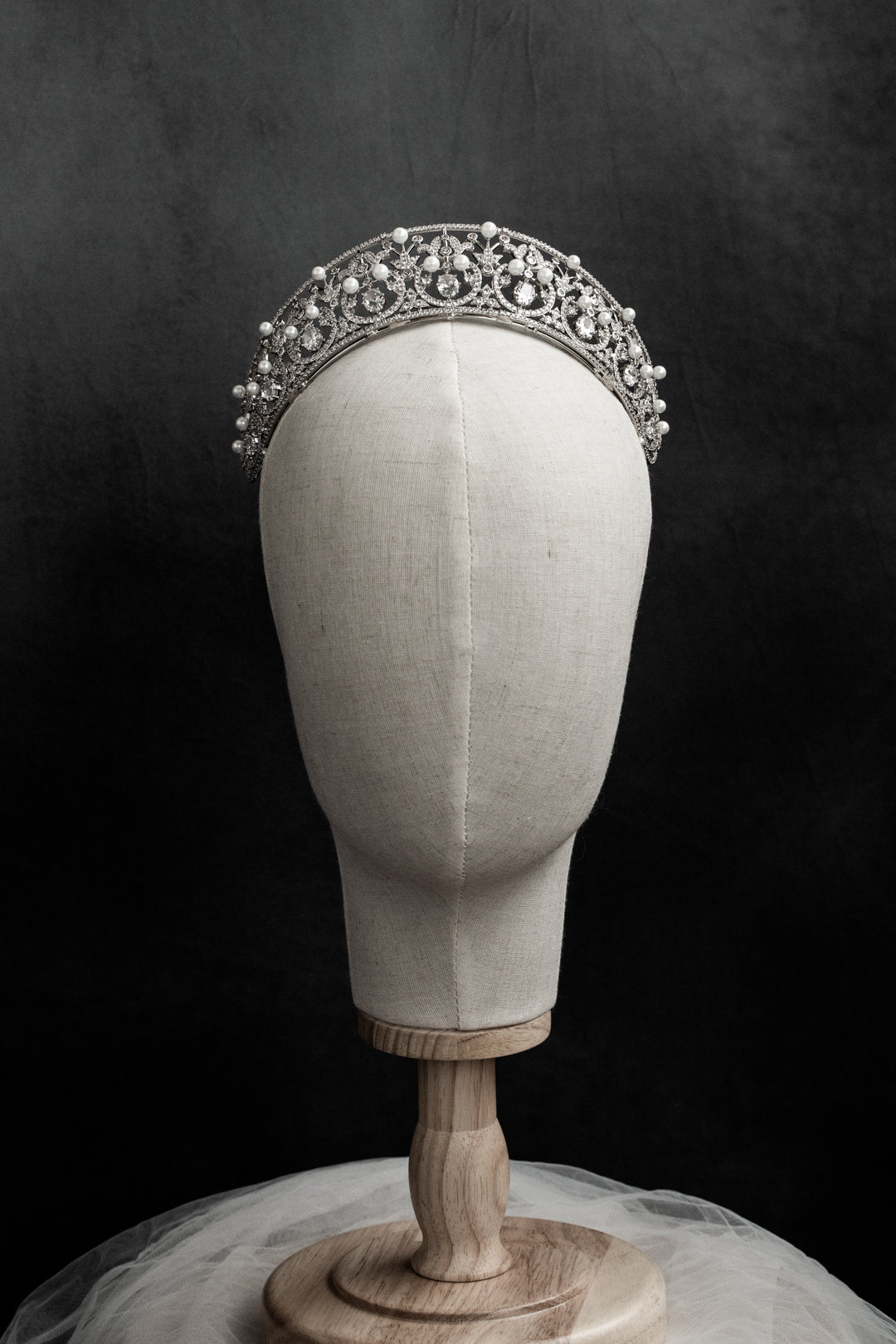 Filigree Tiara with Zircon and Pearls – White Gold Tone for Weddings