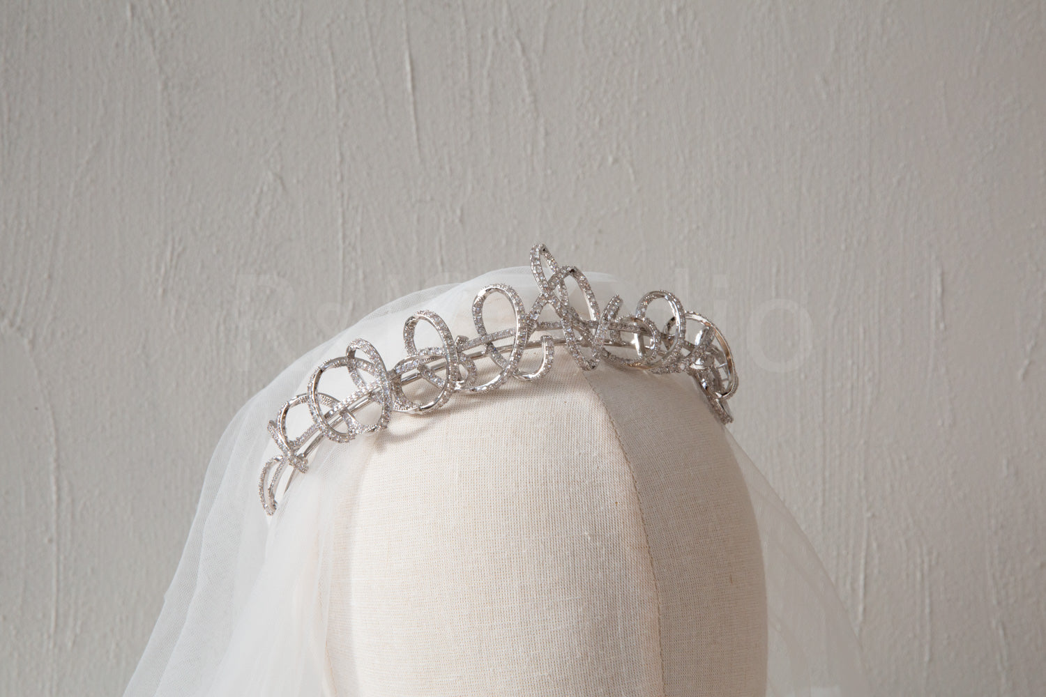 Ribbon Bridal Tiara – Natural Zircons, 24K White Gold-Plated Finish