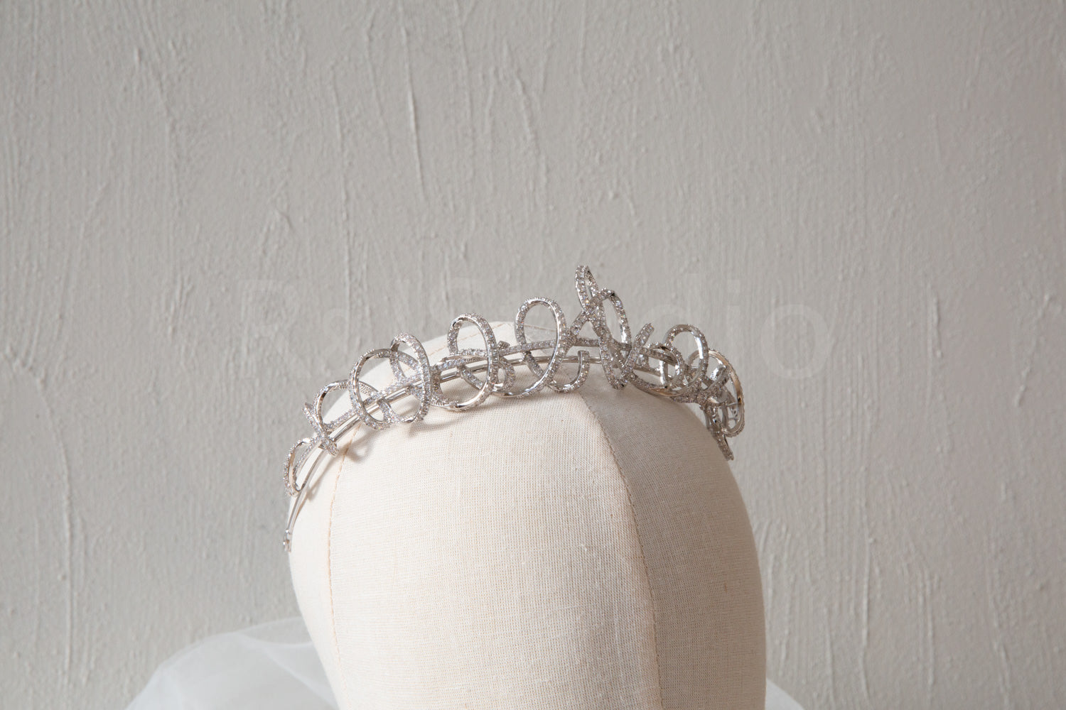 Ribbon Bridal Tiara – Natural Zircons, 24K White Gold-Plated Finish