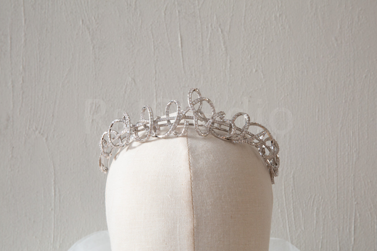 Ribbon Bridal Tiara – Natural Zircons, 24K White Gold-Plated Finish