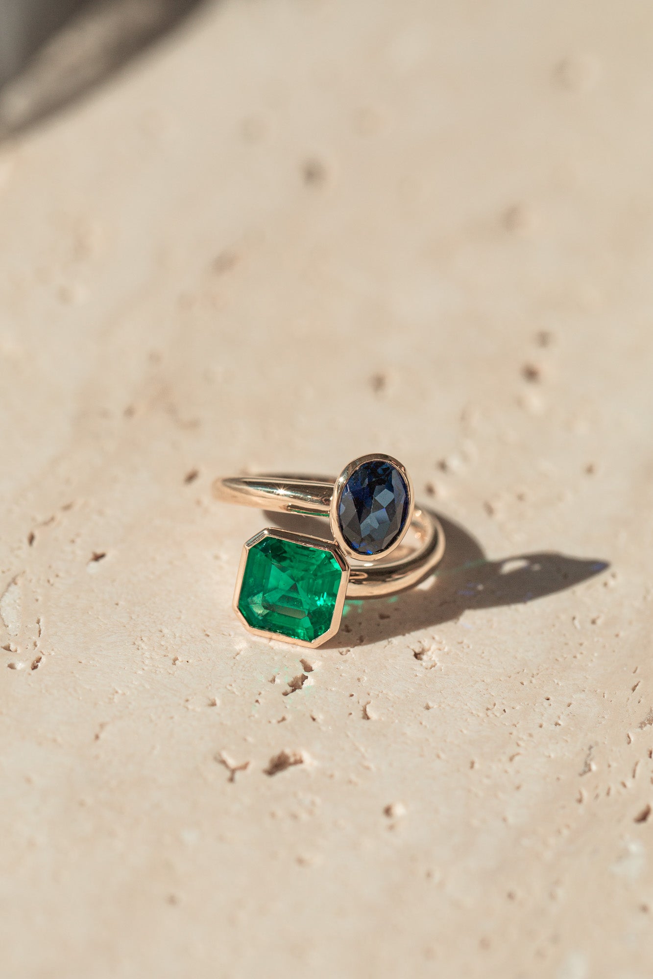 Custom Dual Stone Ring – Gold-Plated Sterling Silver with Lab-Created Emerald & Sapphire