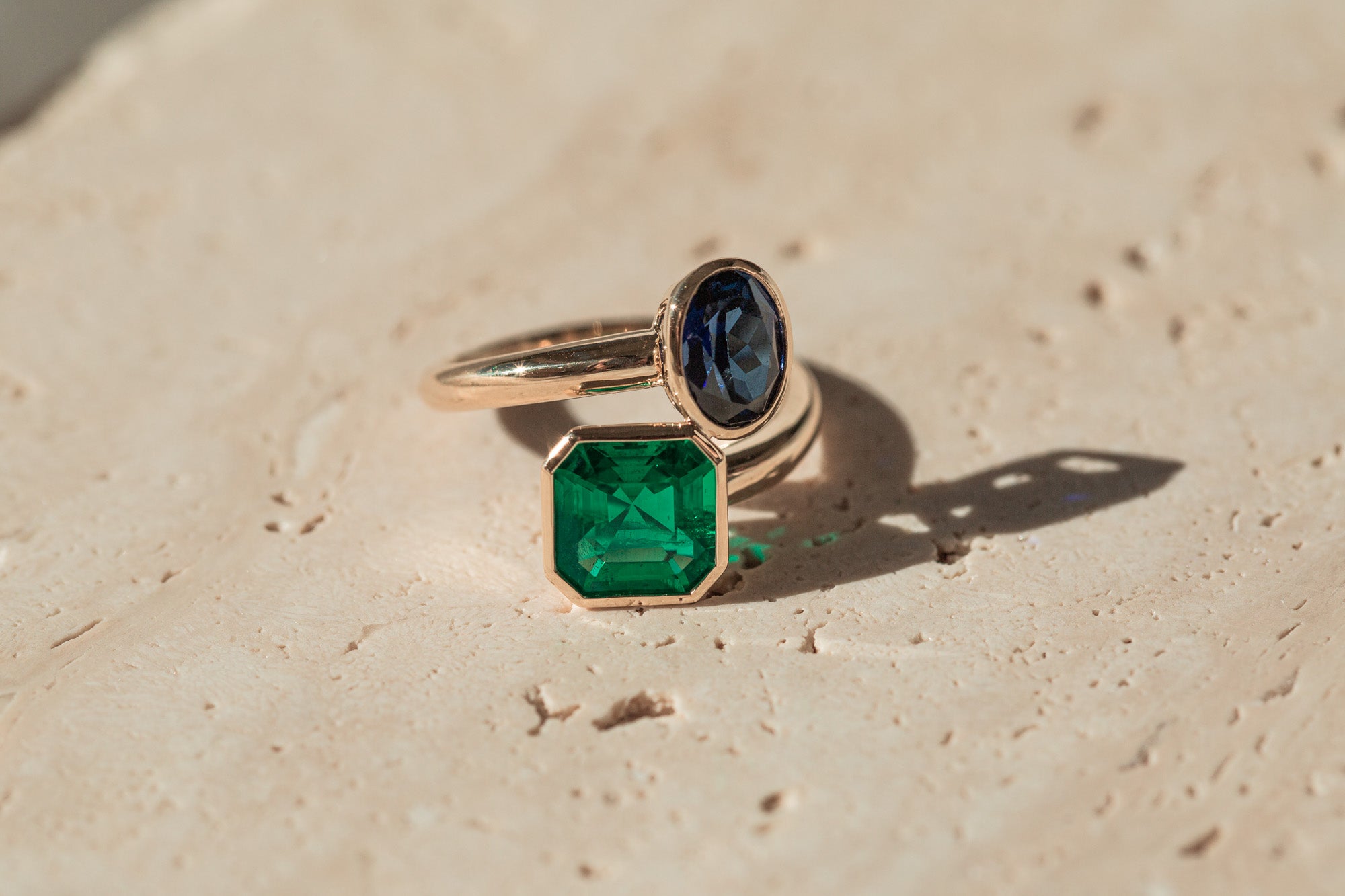 Custom Dual Stone Ring – Gold-Plated Sterling Silver with Lab-Created Emerald & Sapphire