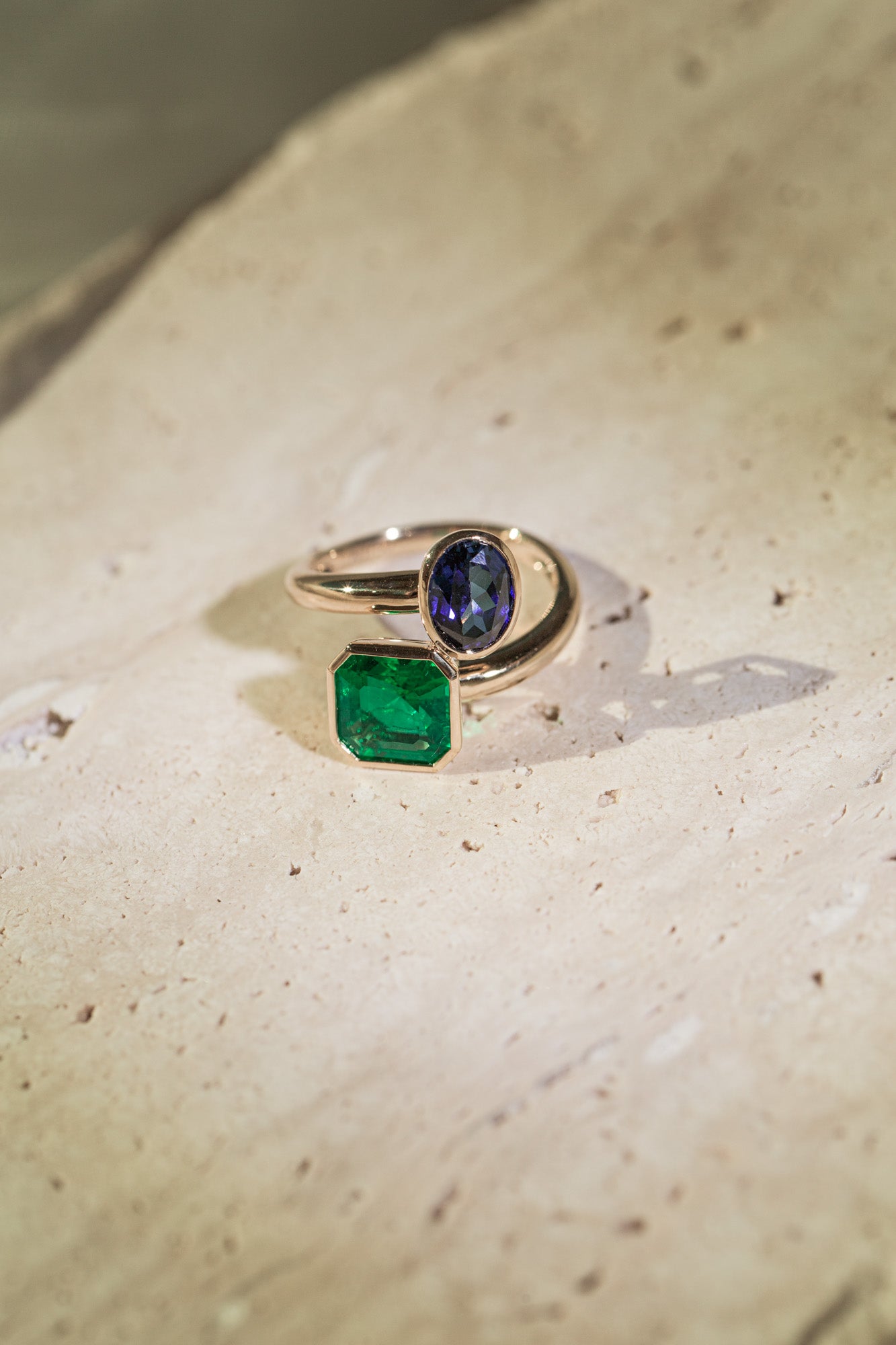 Custom Dual Stone Ring – Gold-Plated Sterling Silver with Lab-Created Emerald & Sapphire