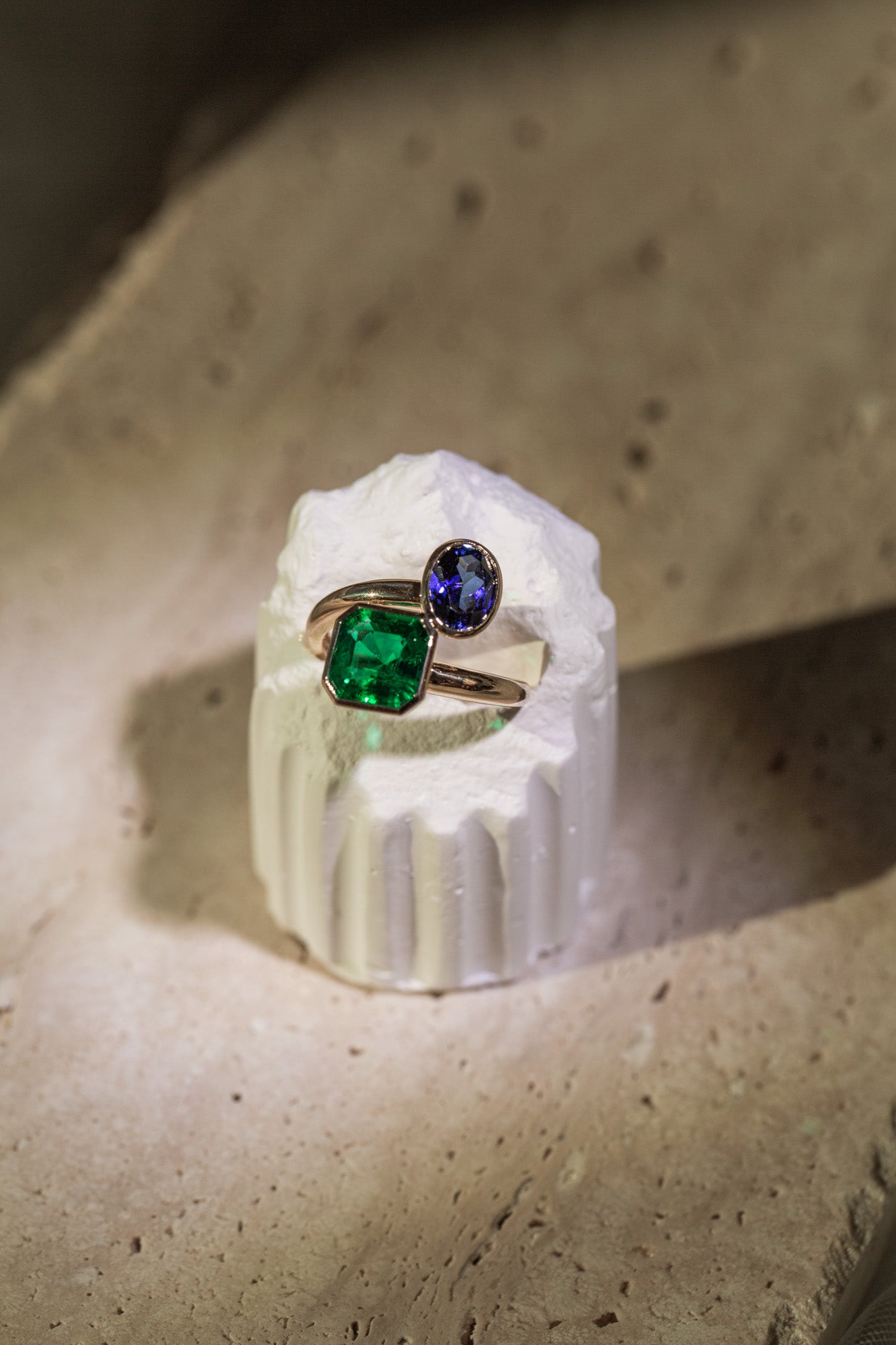 Custom Dual Stone Ring – Gold-Plated Sterling Silver with Lab-Created Emerald & Sapphire
