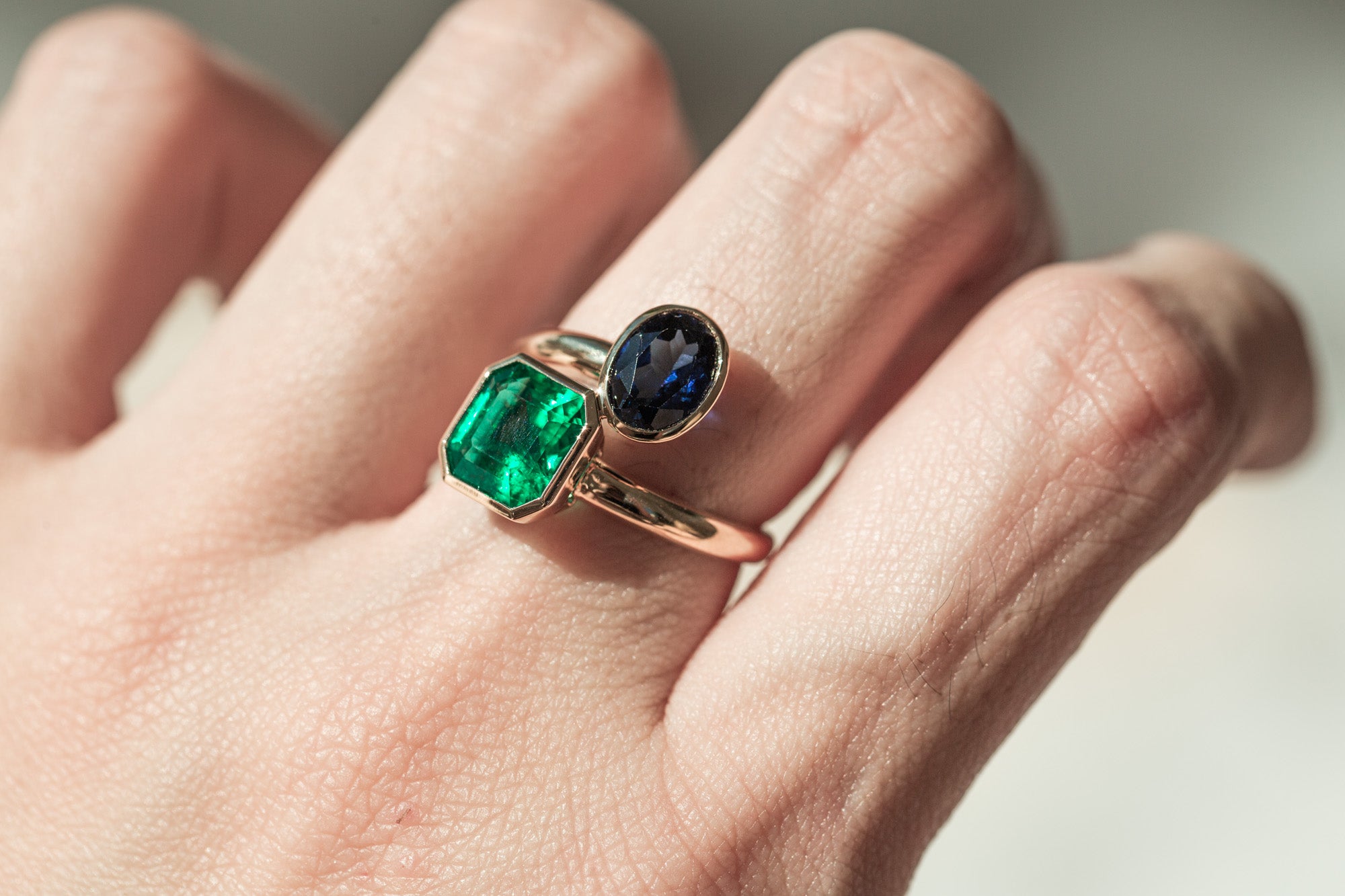 Custom Dual Stone Ring – Gold-Plated Sterling Silver with Lab-Created Emerald & Sapphire