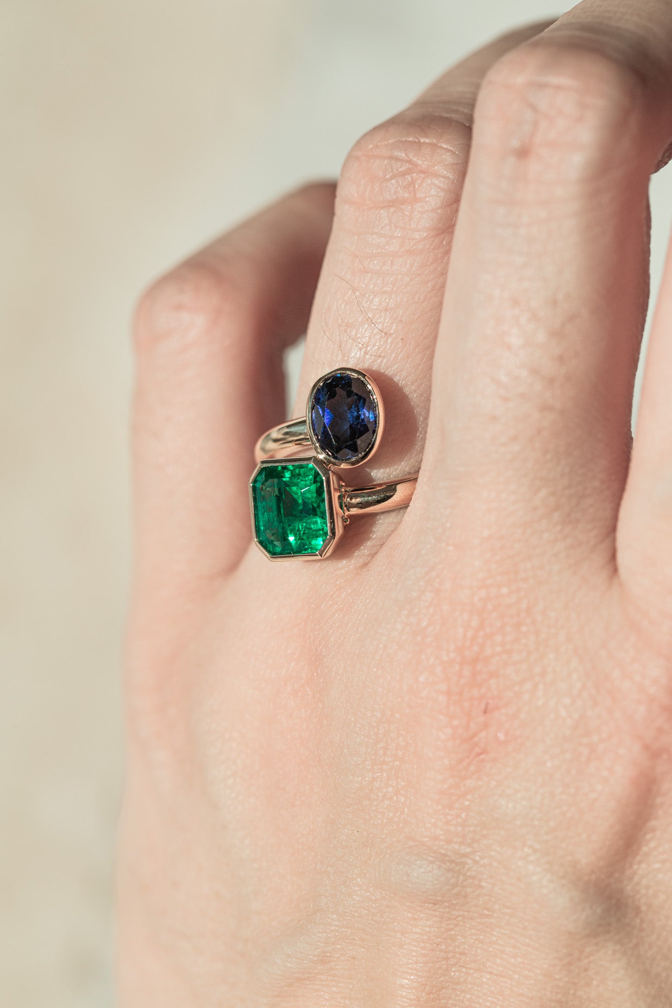 Custom Dual Stone Ring – Gold-Plated Sterling Silver with Lab-Created Emerald & Sapphire