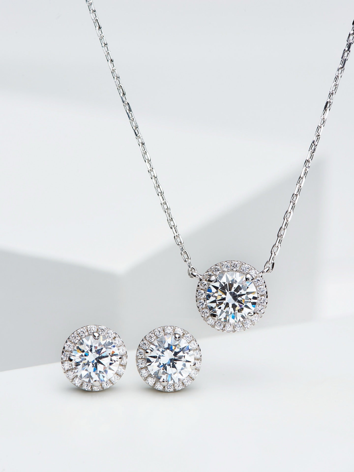 Halo Zircon Necklace & Earring Set – 1.25CT + 1CT Stones, 18K White Gold Plated Silver