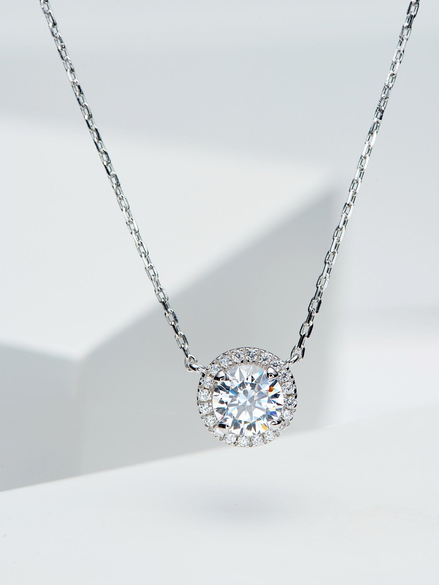 Halo Zircon Necklace & Earring Set – 1.25CT + 1CT Stones, 18K White Gold Plated Silver