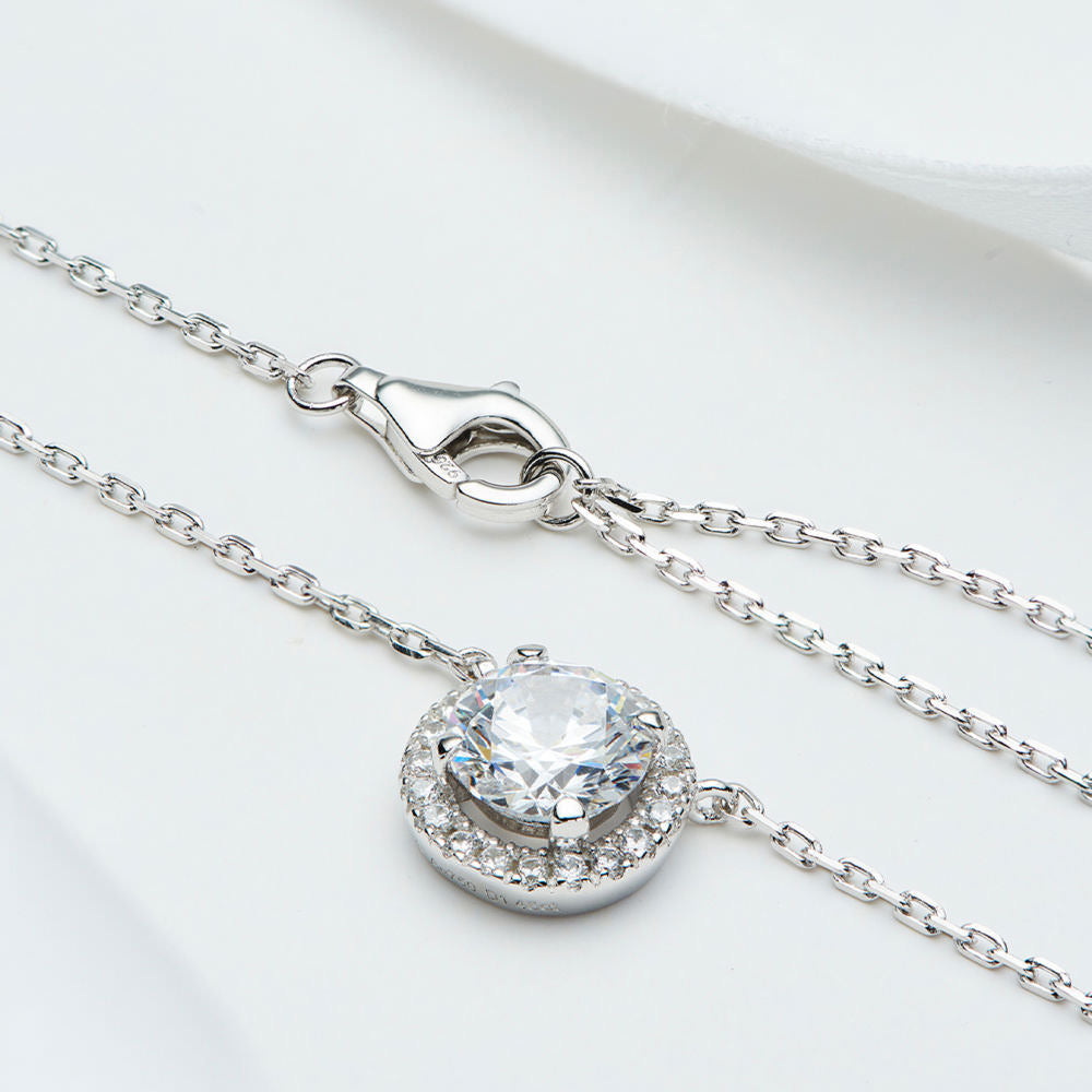 Halo Zircon Necklace & Earring Set – 1.25CT + 1CT Stones, 18K White Gold Plated Silver