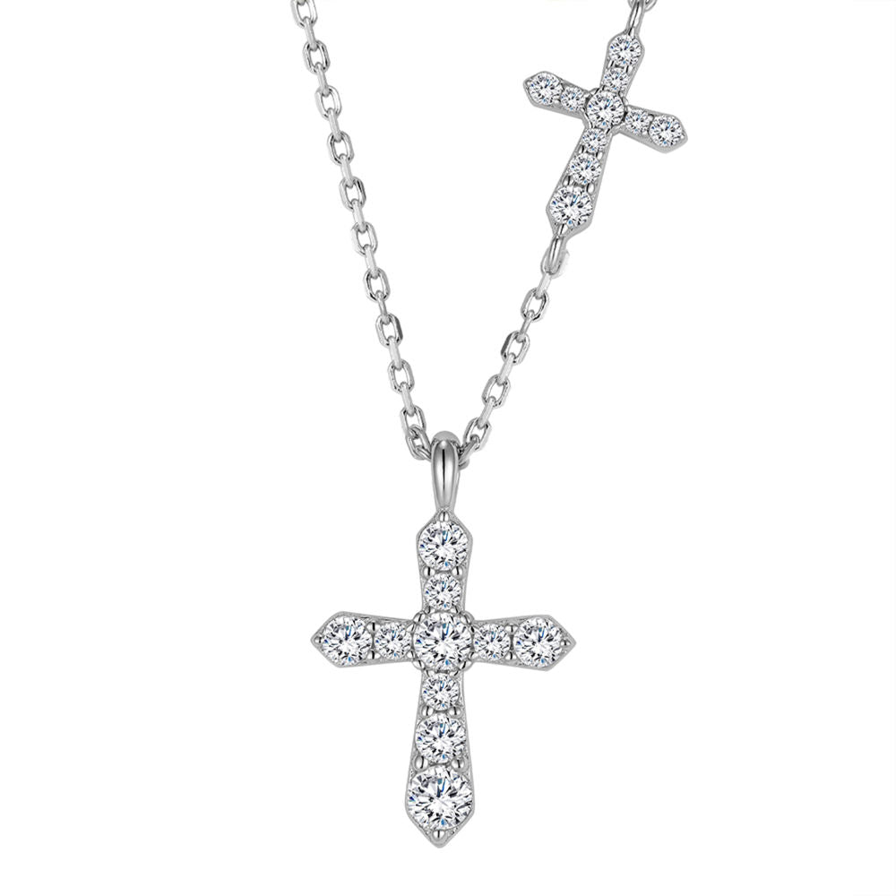 Double Cross Pendant Necklace, Cubic Zirconia 18K Gold or White Gold Plated Sterling Silver, Everyday Style Gift