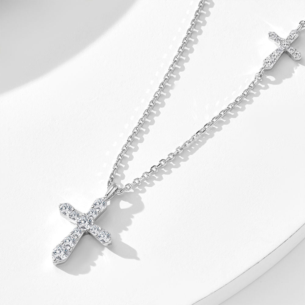 Double Cross Pendant Necklace, Cubic Zirconia 18K Gold or White Gold Plated Sterling Silver, Everyday Style Gift