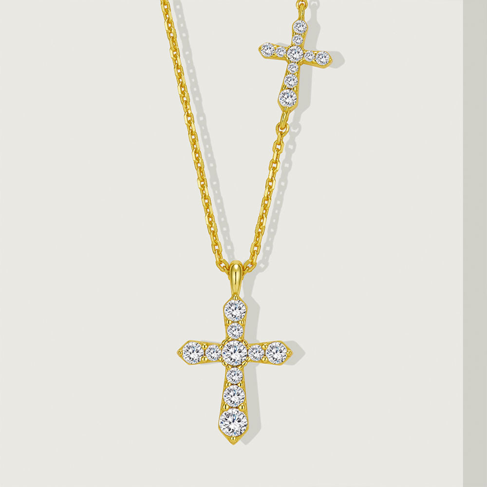 Double Cross Pendant Necklace, Cubic Zirconia 18K Gold or White Gold Plated Sterling Silver, Everyday Style Gift