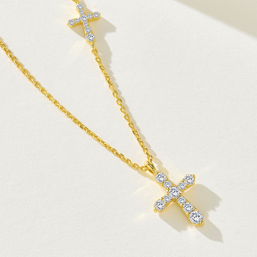 Double Cross Pendant Necklace, Cubic Zirconia 18K Gold or White Gold Plated Sterling Silver, Everyday Style Gift
