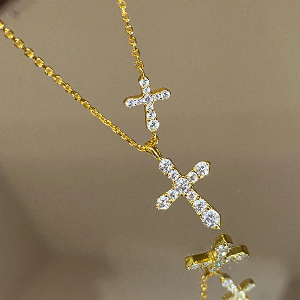 Double Cross Pendant Necklace, Cubic Zirconia 18K Gold or White Gold Plated Sterling Silver, Everyday Style Gift