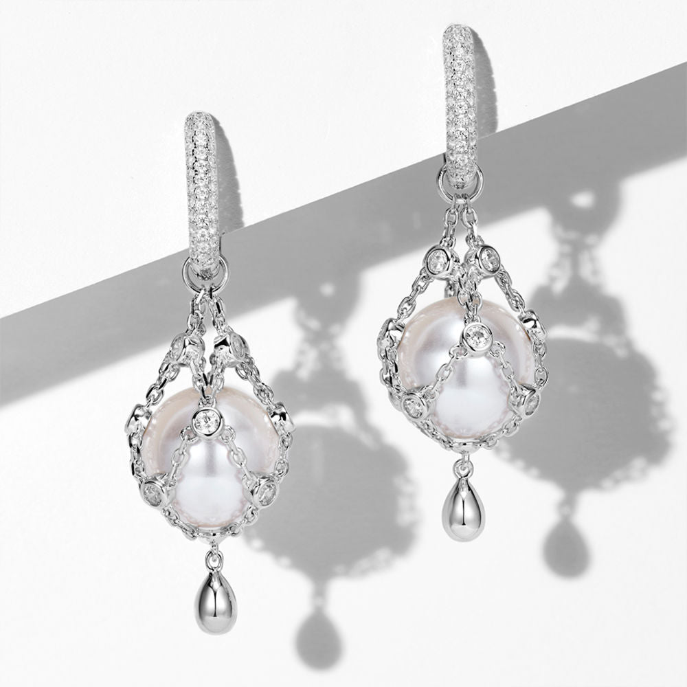 12mm Swarovski Pearl & 3A Crystal Drop Earrings, Interchangeable Design, CZ + White Gold Plated S925, Daily Wear Gift
