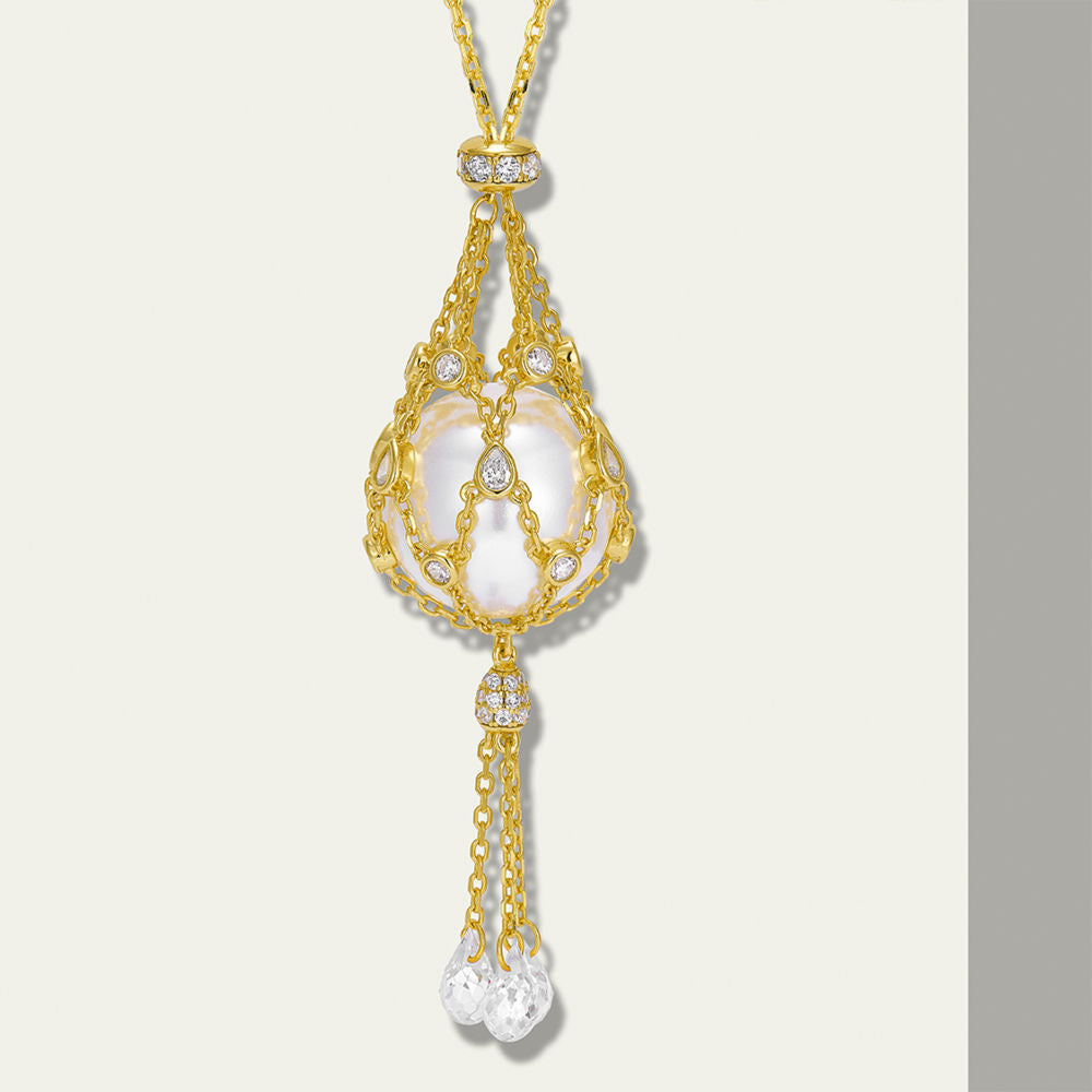 16mm Swarovski Pearl & 3A Crystal Mesh Pendant Necklace, Interchangeable Design, CZ + Gold or White Gold Plated Silver, Daily Wear Gift