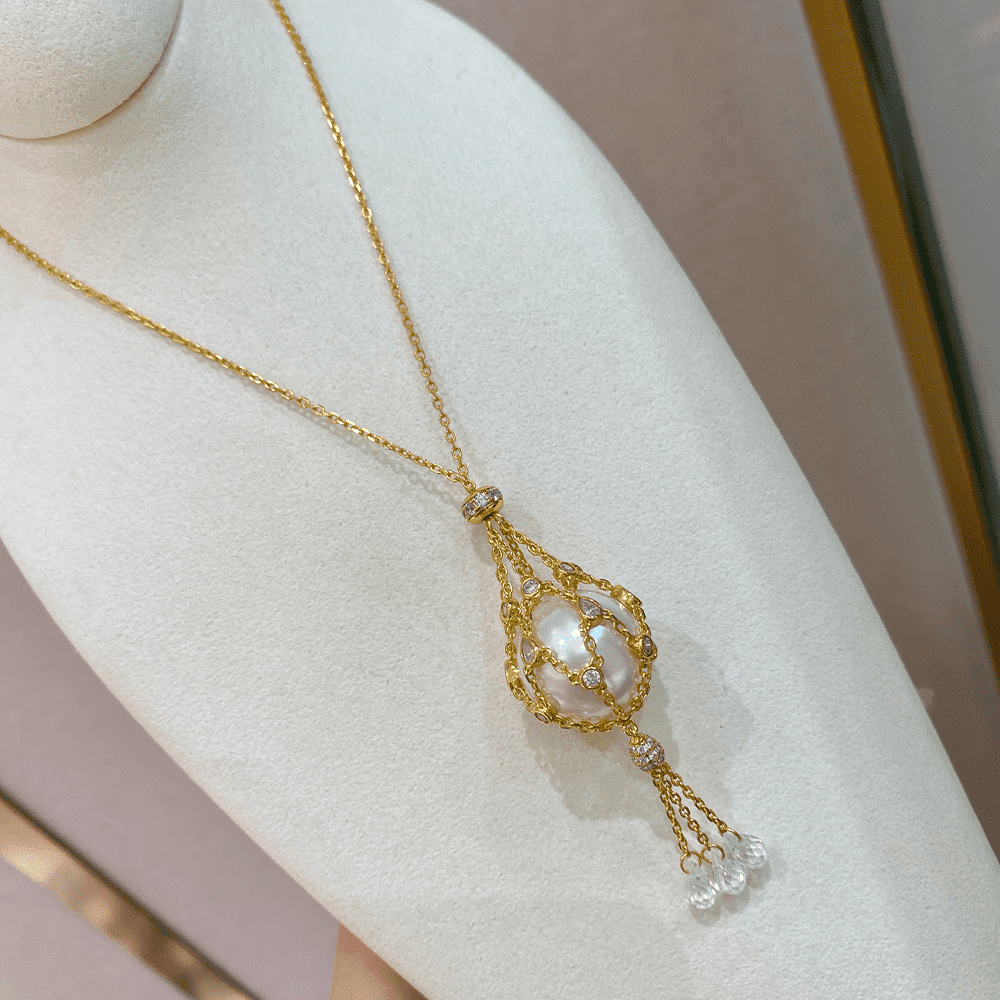 16mm Swarovski Pearl & 3A Crystal Mesh Pendant Necklace, Interchangeable Design, CZ + Gold or White Gold Plated Silver, Daily Wear Gift