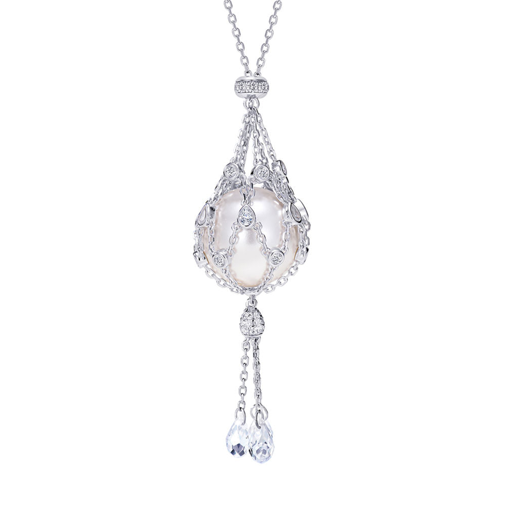 16mm Swarovski Pearl & 3A Crystal Mesh Pendant Necklace, Interchangeable Design, CZ + Gold or White Gold Plated Silver, Daily Wear Gift