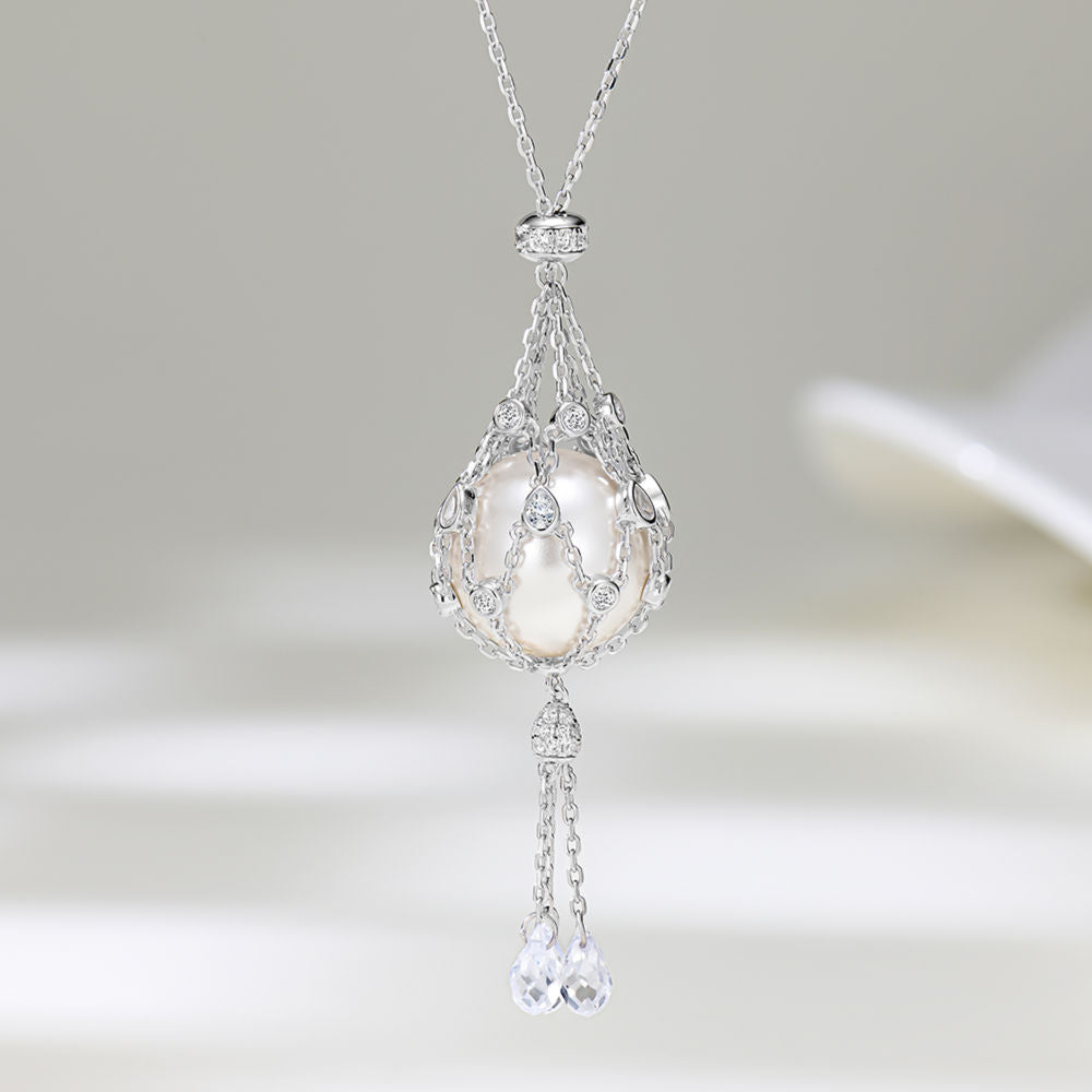 16mm Swarovski Pearl & 3A Crystal Mesh Pendant Necklace, Interchangeable Design, CZ + Gold or White Gold Plated Silver, Daily Wear Gift