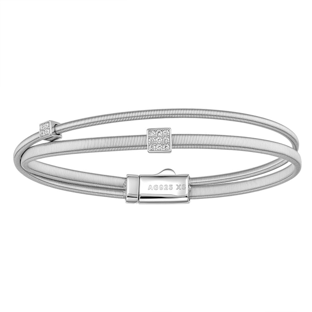 Spring Wire Bangle Bracelet, Double Layer Pavé Cubic Zirconia Gold or White Gold Plated Sterling Silver, Daily Wear Stackable