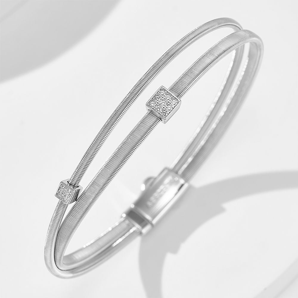 Spring Wire Bangle Bracelet, Double Layer Pavé Cubic Zirconia Gold or White Gold Plated Sterling Silver, Daily Wear Stackable