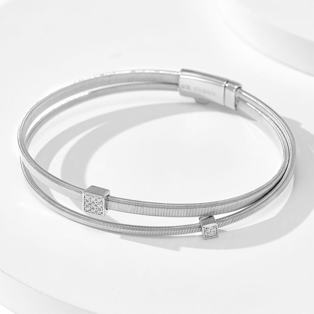 Spring Wire Bangle Bracelet, Double Layer Pavé Cubic Zirconia Gold or White Gold Plated Sterling Silver, Daily Wear Stackable
