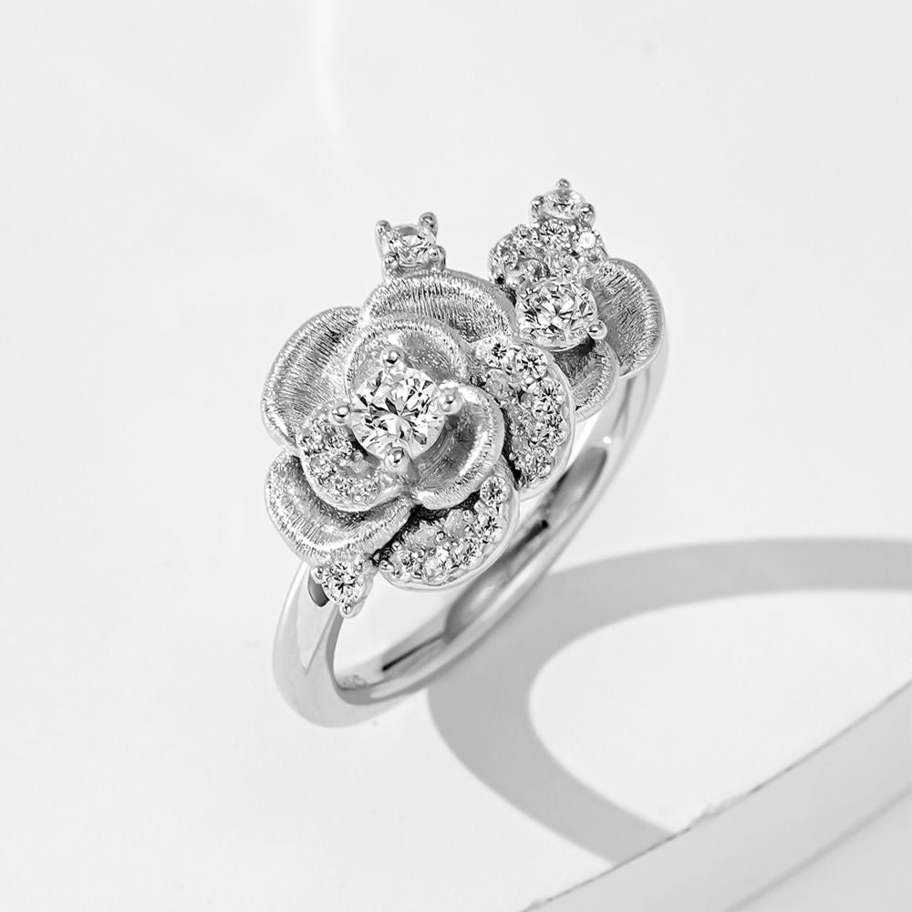 Rose Flower Ring, Brushed Finish, Cubic Zirconia Gold Plated Sterling Silver, Daily Wear Gift