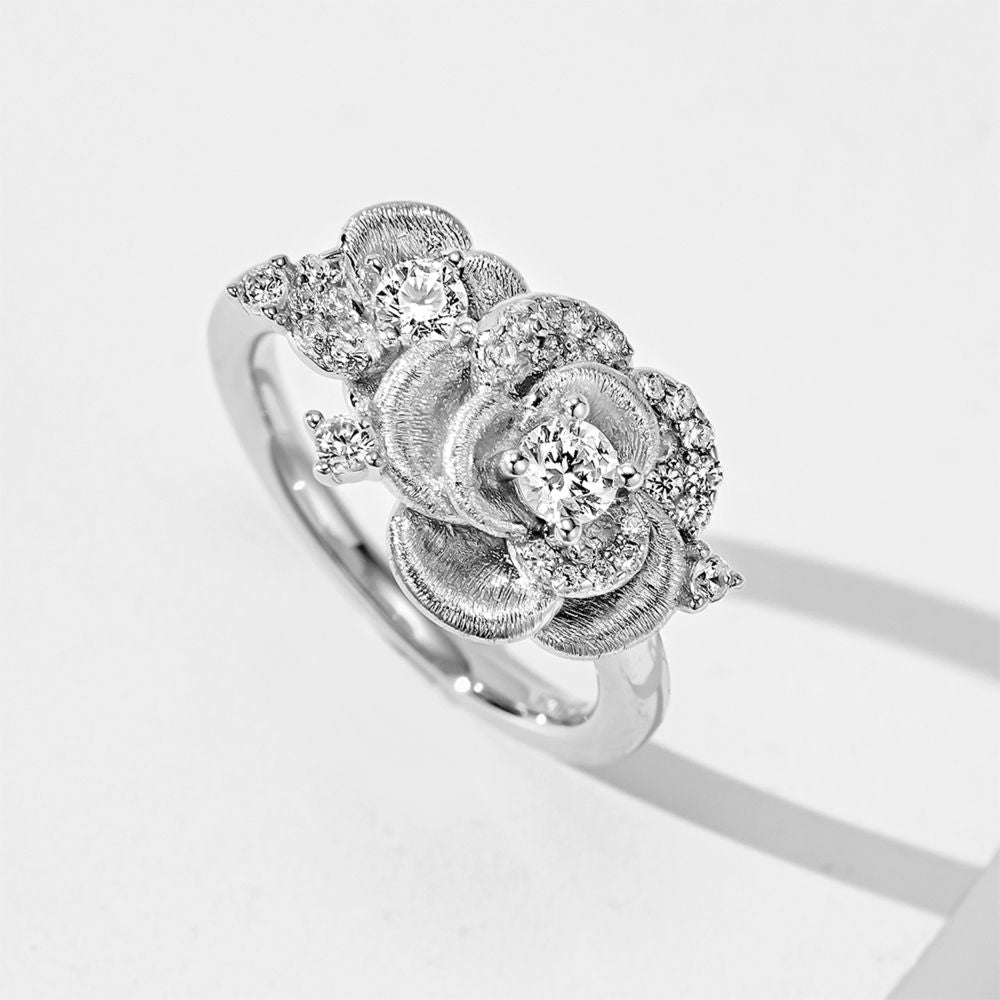 Rose Flower Ring, Brushed Finish, Cubic Zirconia Gold Plated Sterling Silver, Daily Wear Gift