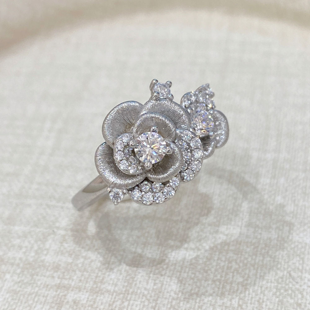 Rose Flower Ring, Brushed Finish, Cubic Zirconia Gold Plated Sterling Silver, Daily Wear Gift