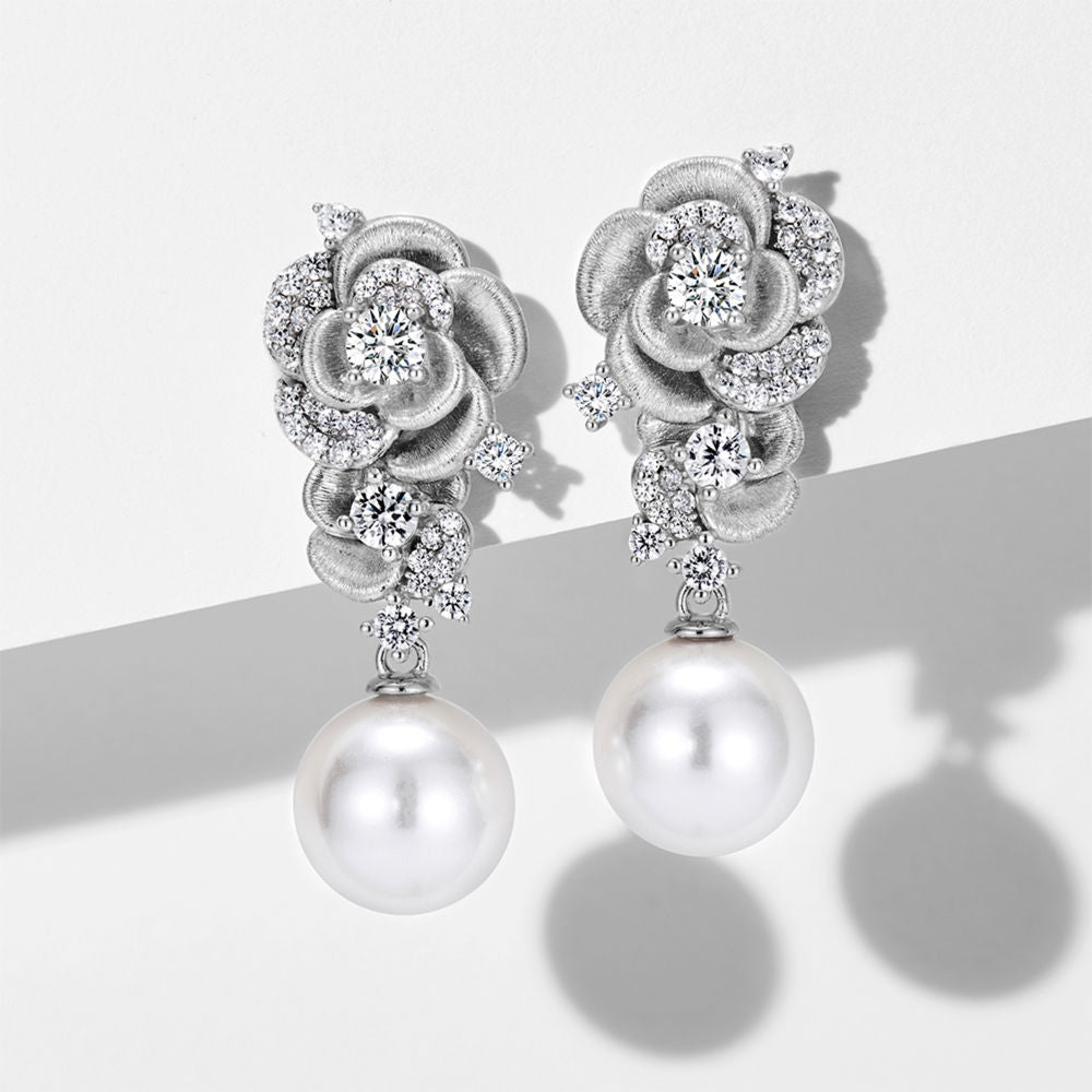 Rose Flower Pearl Drop Earrings, Brushed Finish, Swarovski Pearls Cubic Zirconia Gold Plated Sterling Silver, Daily Wear Gift