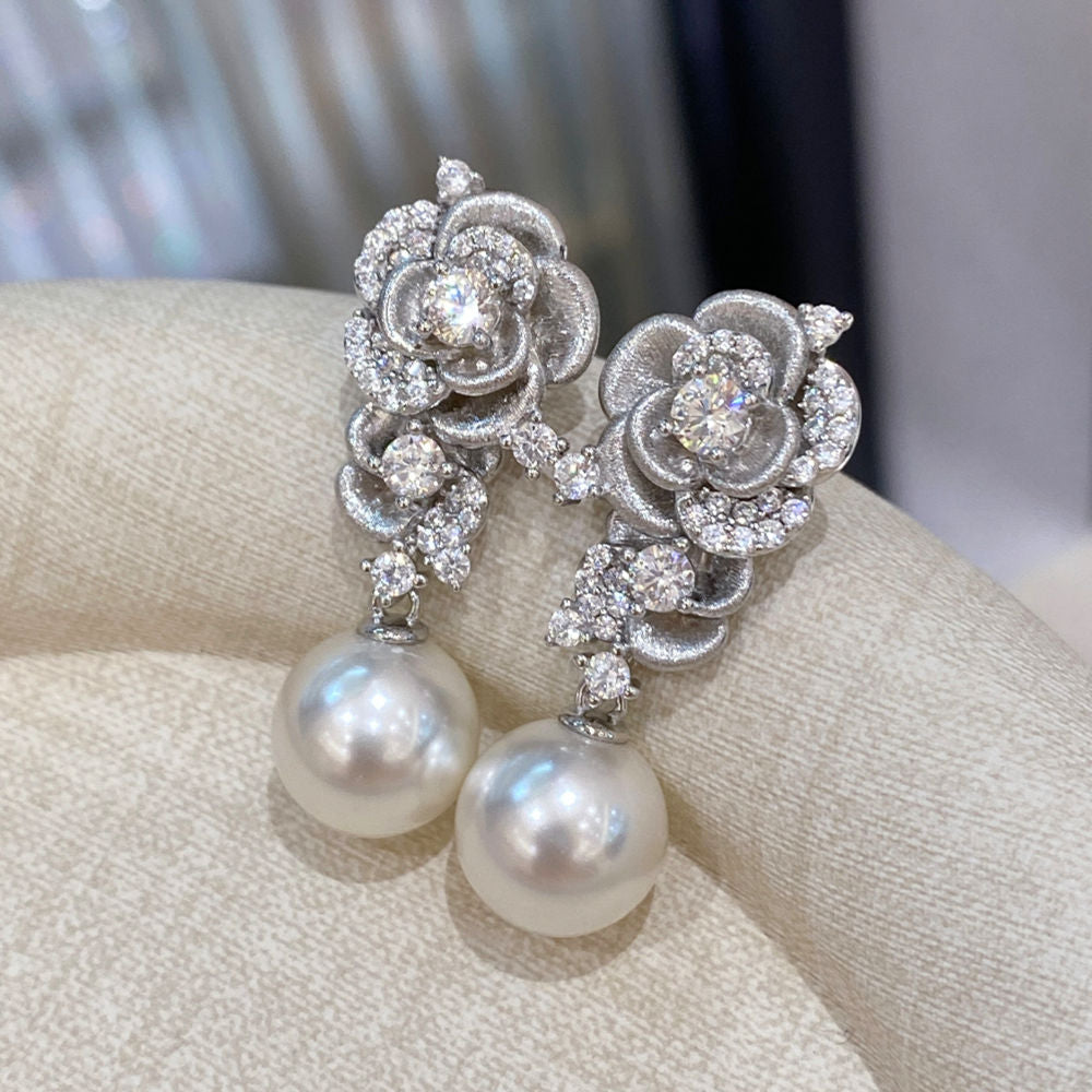 Rose Flower Pearl Drop Earrings, Brushed Finish, Swarovski Pearls Cubic Zirconia Gold Plated Sterling Silver, Daily Wear Gift