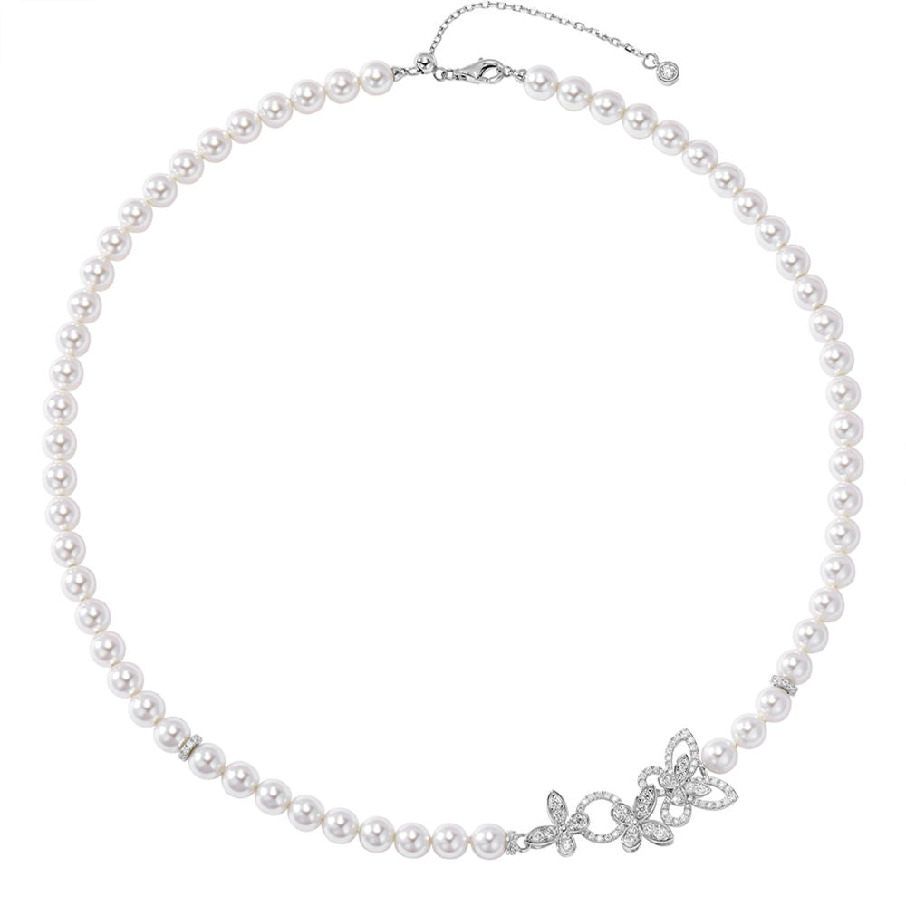 Butterfly Pearl Necklace, Swarovski Pearls Cubic Zirconia Gold Plated Sterling Silver, Daily Wear Gift