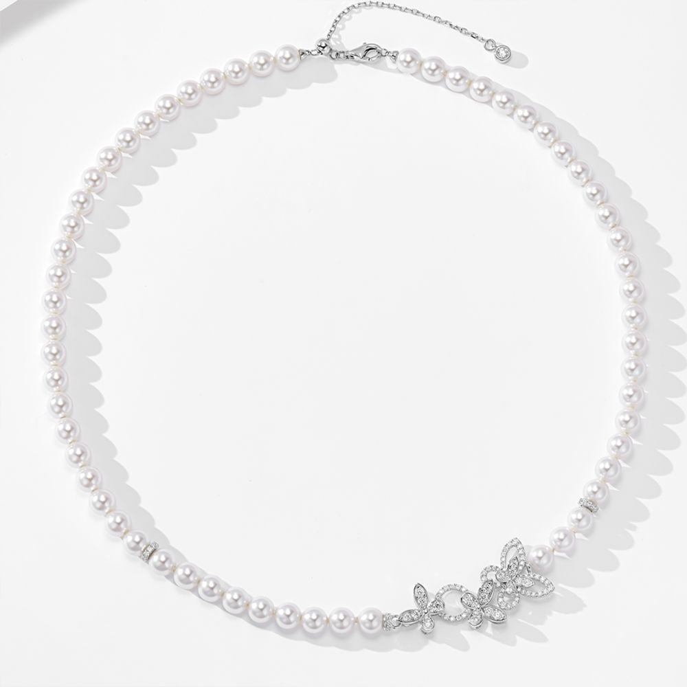 Butterfly Pearl Necklace, Swarovski Pearls Cubic Zirconia Gold Plated Sterling Silver, Daily Wear Gift
