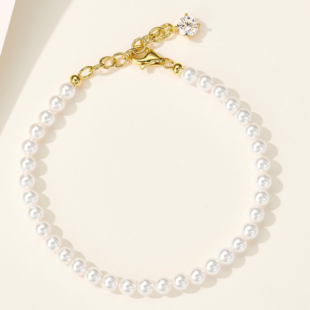 4mm Swarovski Pearl Beaded Bracelet, Cubic Zirconia Gold Plated 925 Sterling Silver, Daily Wear Gift