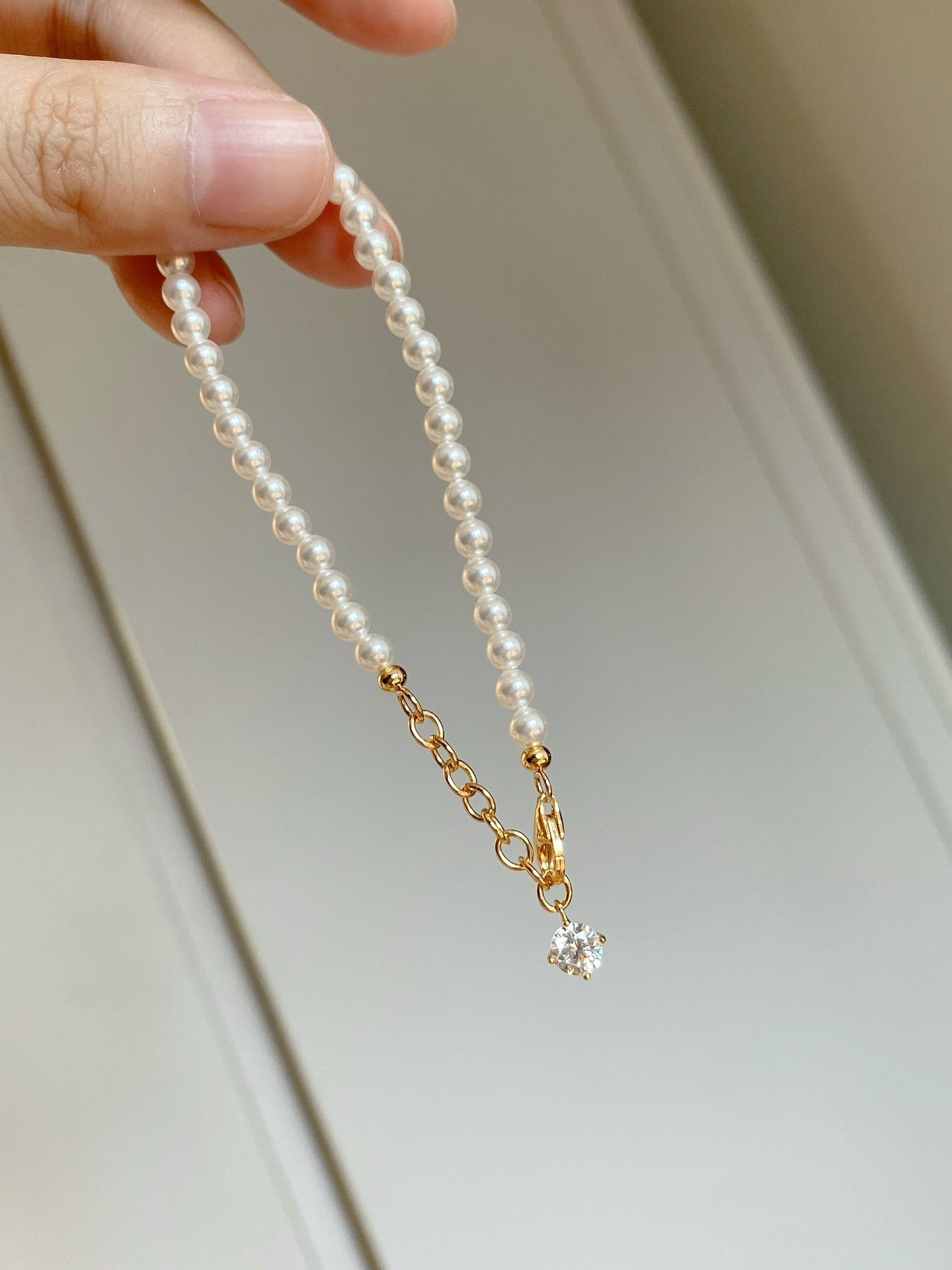 4mm Swarovski Pearl Beaded Bracelet, Cubic Zirconia Gold Plated 925 Sterling Silver, Daily Wear Gift