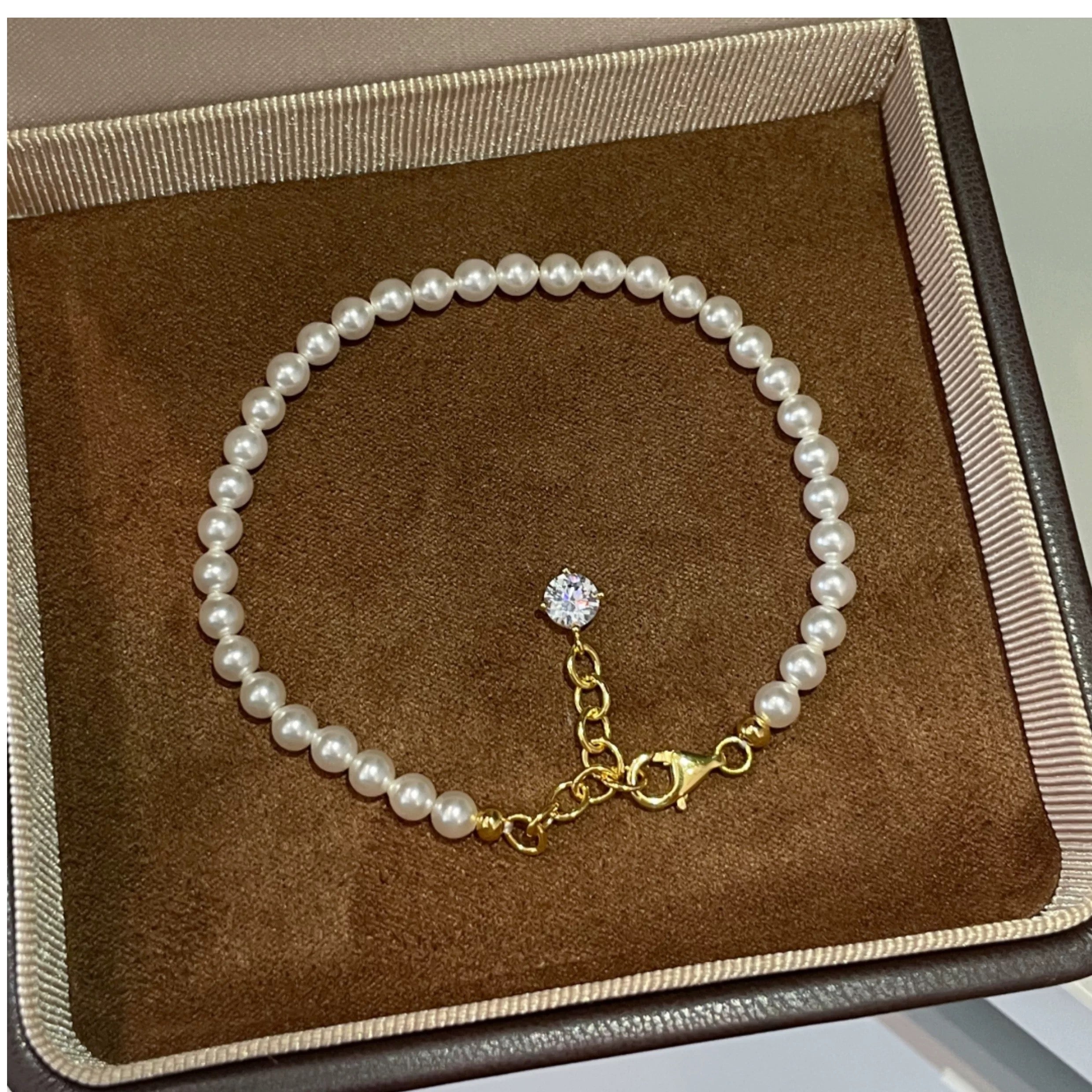 4mm Swarovski Pearl Beaded Bracelet, Cubic Zirconia Gold Plated 925 Sterling Silver, Daily Wear Gift