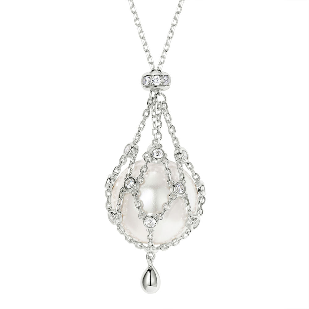 Pendant Necklace with Swarovski Pearl – Silver-Tone with Zircon Accents