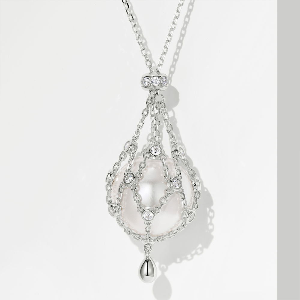 Pendant Necklace with Swarovski Pearl – Silver-Tone with Zircon Accents
