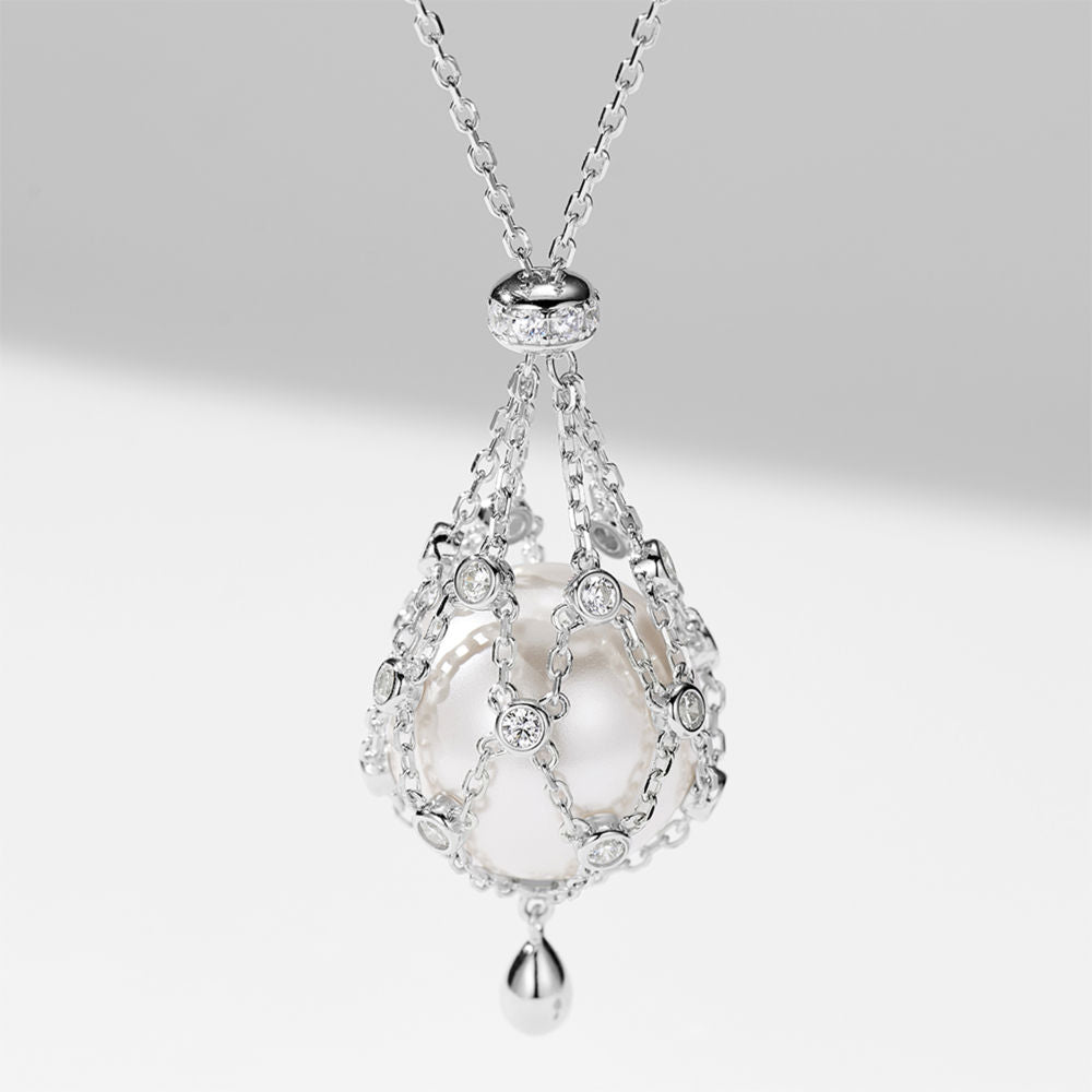 Pendant Necklace with Swarovski Pearl – Silver-Tone with Zircon Accents