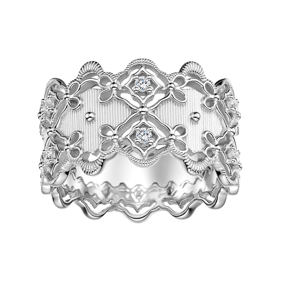 Lace-Inspired Wide Band Ring – White Gold-Plated, Natural Zircon Accents