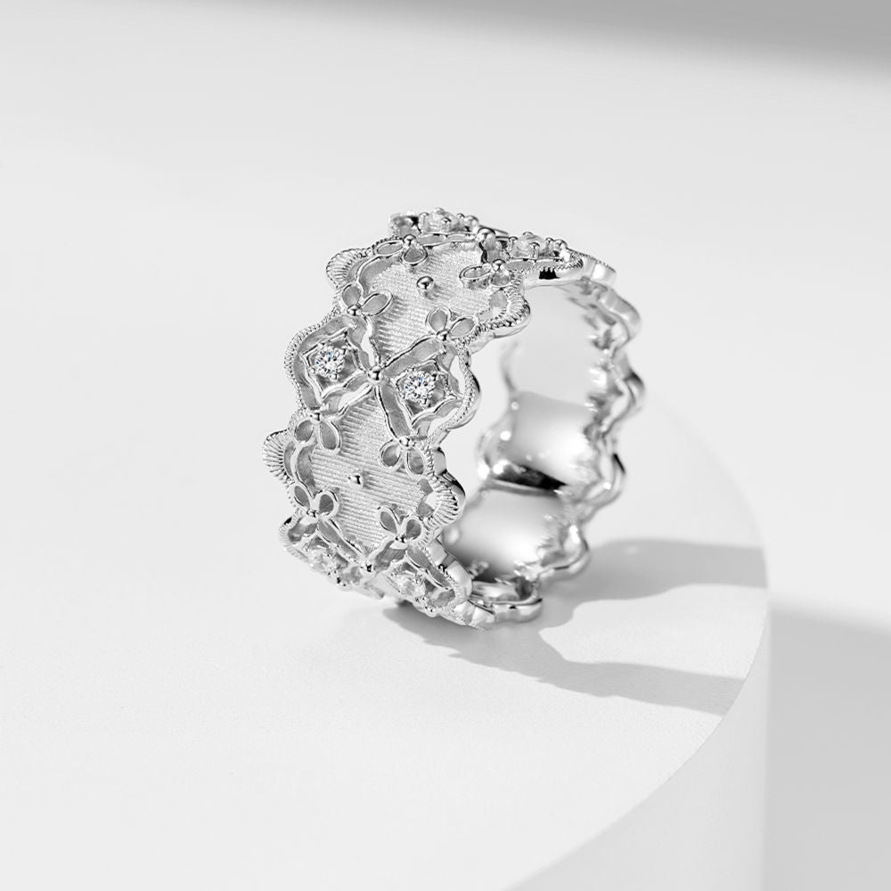 Lace-Inspired Wide Band Ring – White Gold-Plated, Natural Zircon Accents