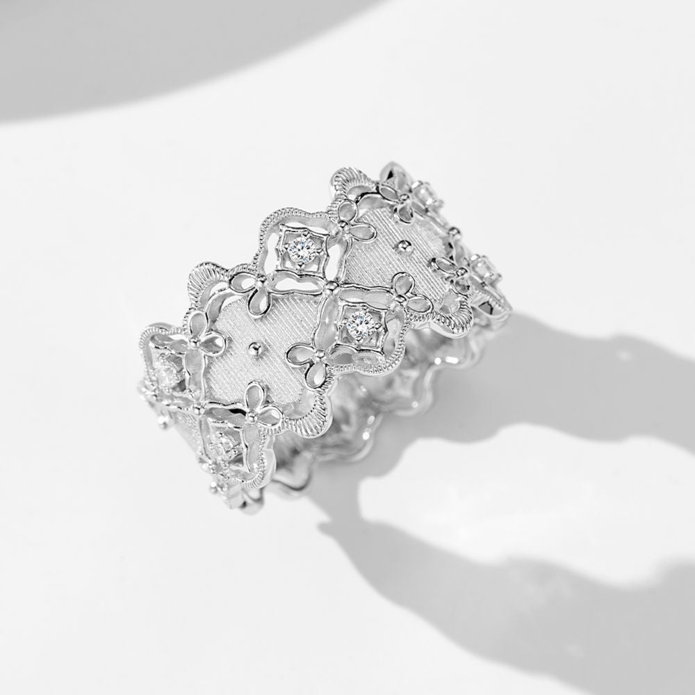 Lace-Inspired Wide Band Ring – White Gold-Plated, Natural Zircon Accents