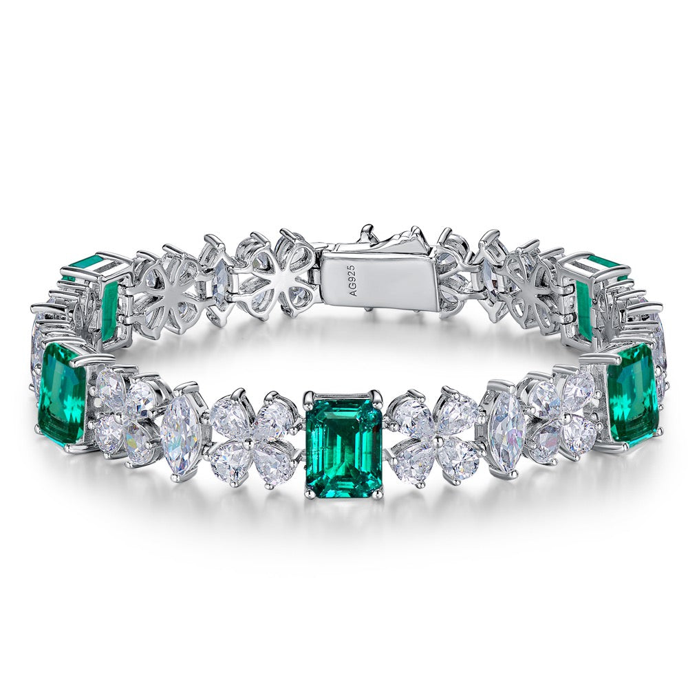 Lab-Grown Emerald Bracelet with Natural Zircon – 18K White Gold Plated S925 Silver