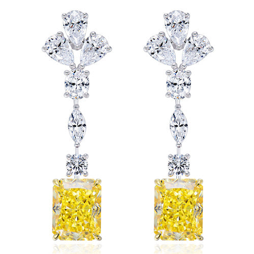 4CT Yellow Zircon Drop Earrings – Gold-Plated 925 Silver with Mixed Cut Accents