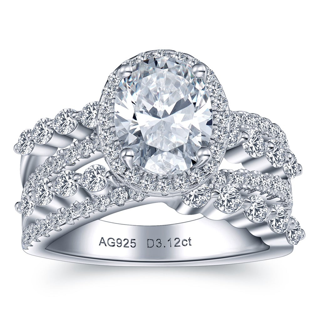 Oval Zircon Ring – 2CT with Natural Accents, 18K Silver-Plated