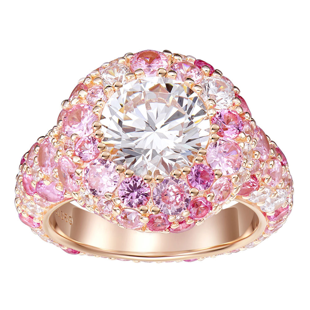 Rose Gold-Plated Ring with Pink Zircon Halo – Colorful Candy-Inspired Design