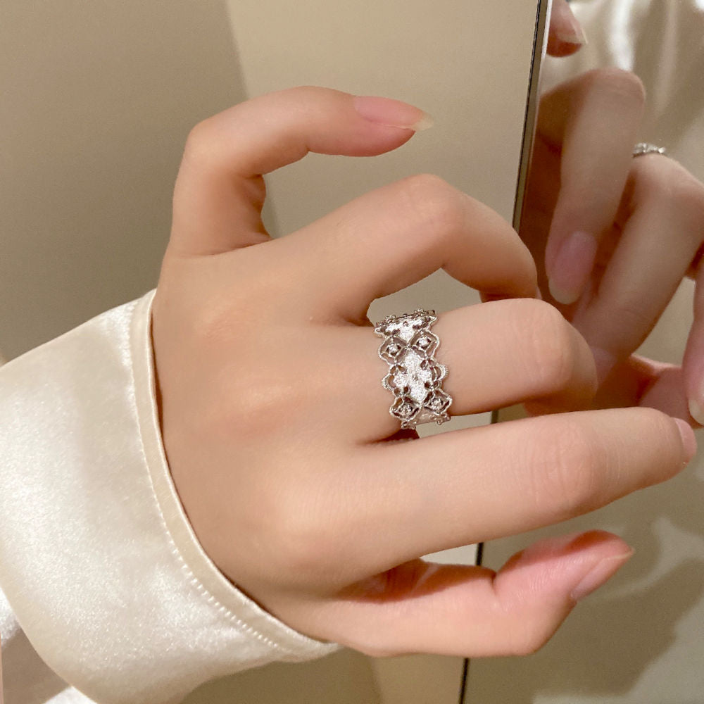Lace-Inspired Wide Band Ring – White Gold-Plated, Natural Zircon Accents