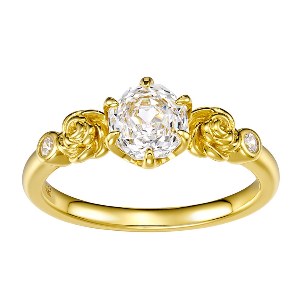 Floral Engagement Ring – Rose Detail, Gold Plated with Zircons